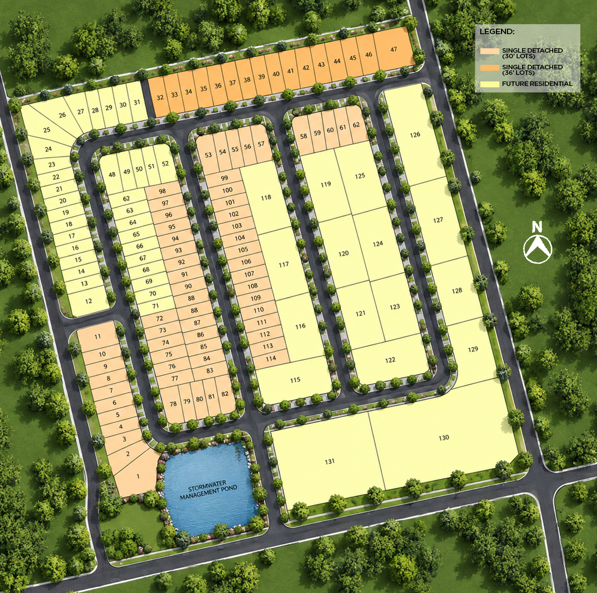 Greenleaf Village site plan showing numbered lots, streets, park, storm water management pond, and bungalow and townhouse lot types.