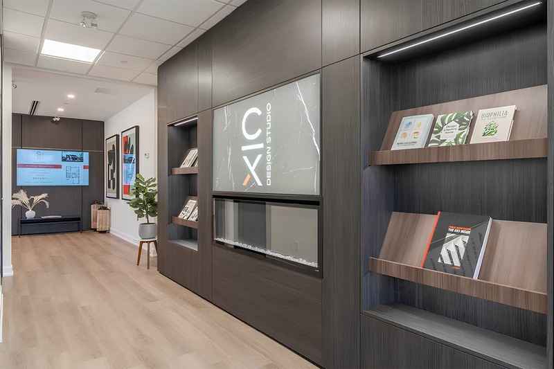 Calibrex welcome wall and product literature in the Design Studio.